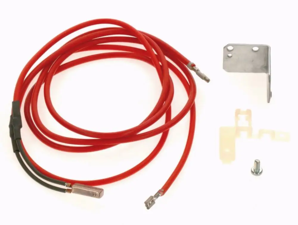 Rote und schwarze Kabel mit Anschlusssteckern, montierbare Metallhalterung und Schraube, geeignet für Anwendungen im Bereich Abgasüberwachung von Bosch.